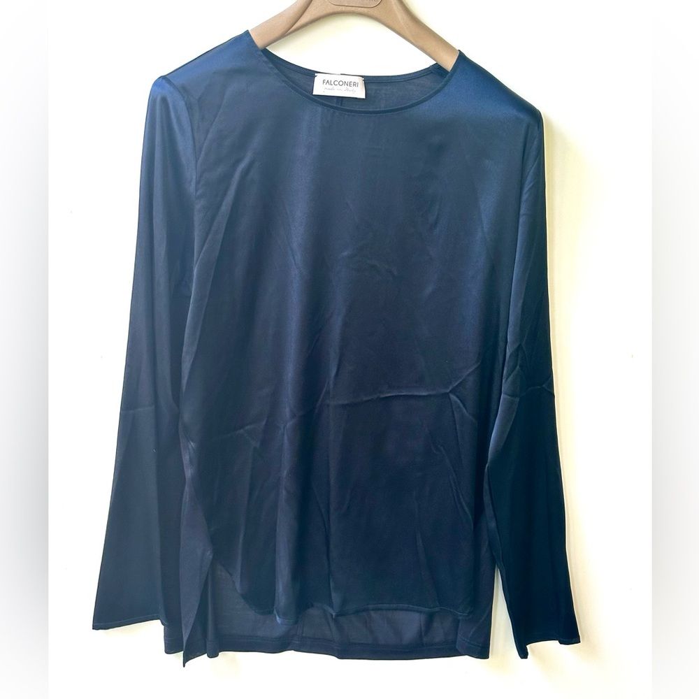 Falconeri Silk Navy Long Sleeve Top with Silk Jersey Back, S